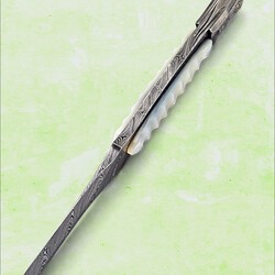 Engraved Twist Damascus Dagger Sculpted Mother of Pearl side view