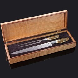 Stainless Damascus and Mammoth Ivory Carving Set box open