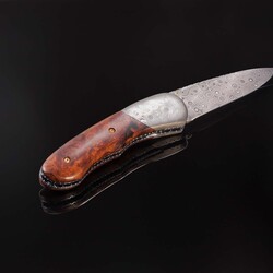 Raindrop Damascus and Ironwood Burl Folder right view