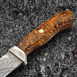 Begbie Damascus and Maple Burl Hunting Knife close up view