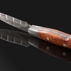 Pukeashun Damascus with Juniperburl and Gold Lip Pearl Inlay Hunter side view