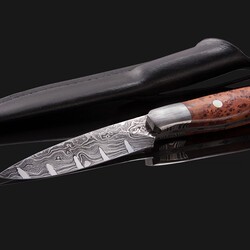 Pukeashun Damascus with Juniperburl and Gold Lip Pearl Inlay Hunter with sheath