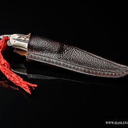 Raindrop Damascus Stag Handled Bird and Trout Knife with textured leather sheath
