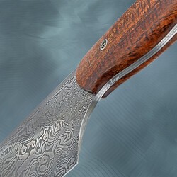 Damascus Chef knife with curly koa handle signature view