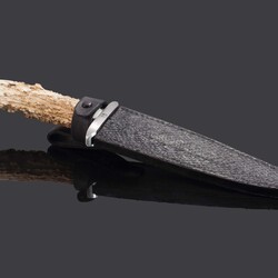 Pebble Elk Antler Handled Bowie Knife in CPM S60V sheath