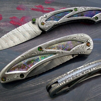 Ammonite and Stainless Damascus Folder