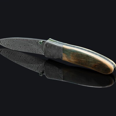 Green Toned Mammoth Ivory and Stainless Damascus Folding Knife left view