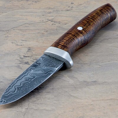 Aberdeen Damascus Hunter with Curly Koa Handle and Pearl Inlay