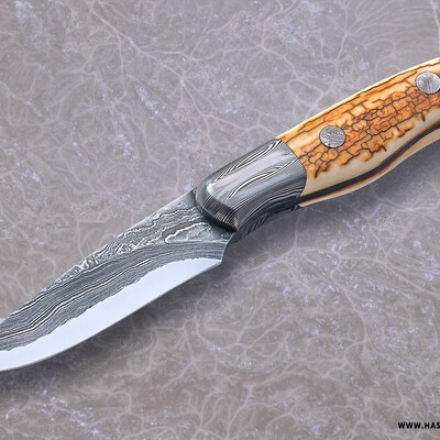 Damascus Kernmantel Hunter with Mammoth Ivory Handle and Crocodile Sheath main view