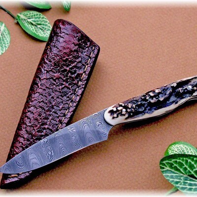 Ladder Damascus and Stag Bird and Trout Knife with sheath