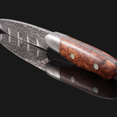 Pukeashun Damascus with Juniperburl and Gold Lip Pearl Inlay Hunter