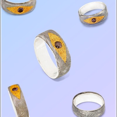 Damascus ring with genuine ruby set in 24 carat gold