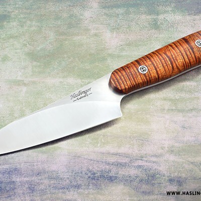 Santuko paring knife handled in premium curly koa