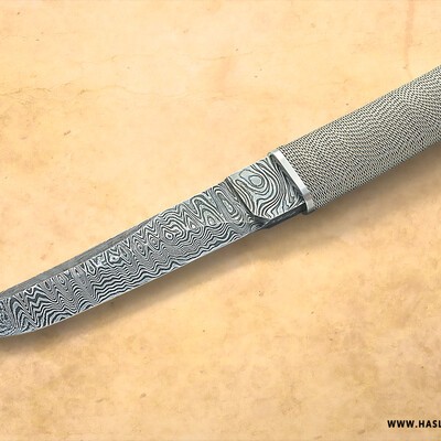 Damascus Moroha Tanto with stainless wirewrap handle