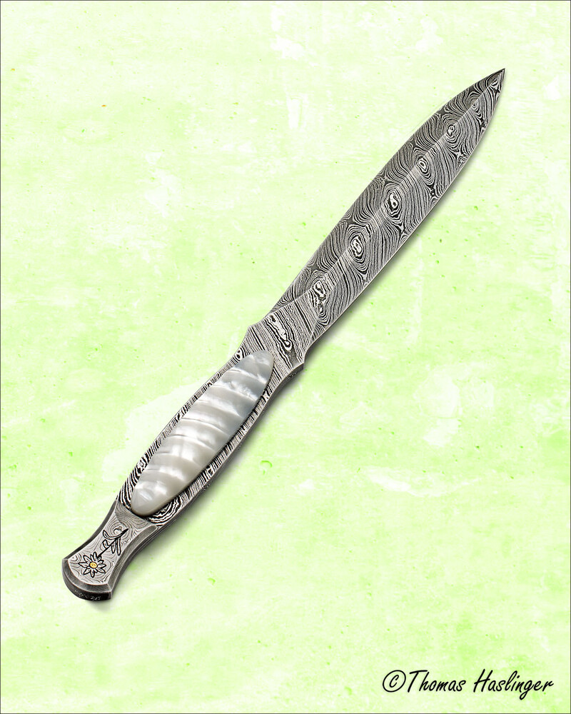 Engraved Twist Damascus Dagger Sculpted Mother of Pearl other view