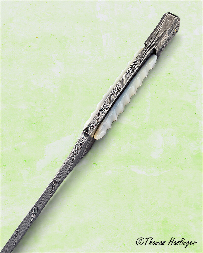 Engraved Twist Damascus Dagger Sculpted Mother of Pearl side view