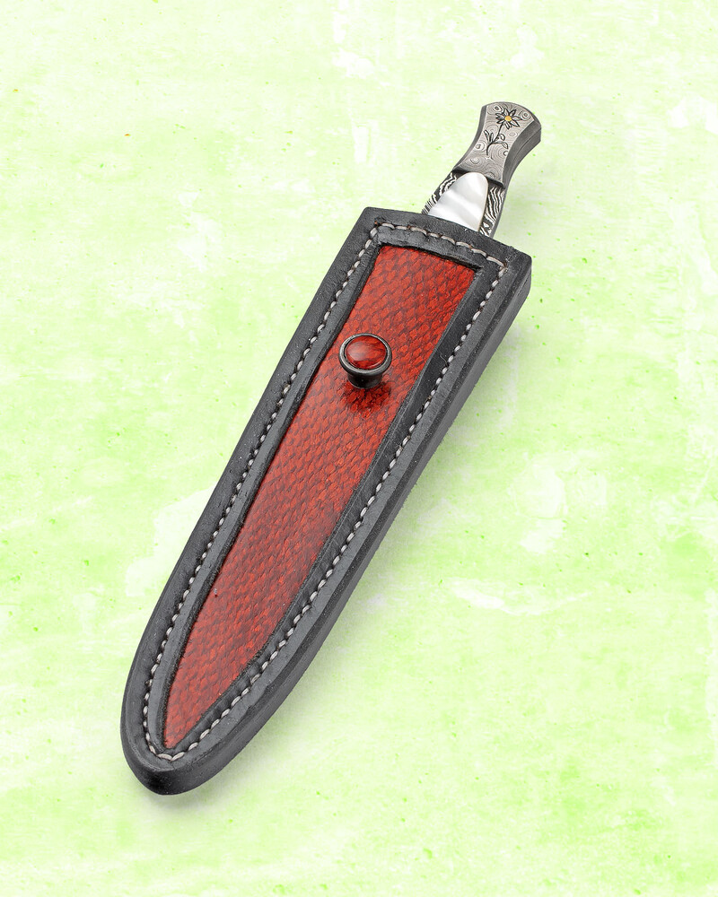 Engraved Twist Damascus Dagger Sculpted Mother of Pearl leather sheath