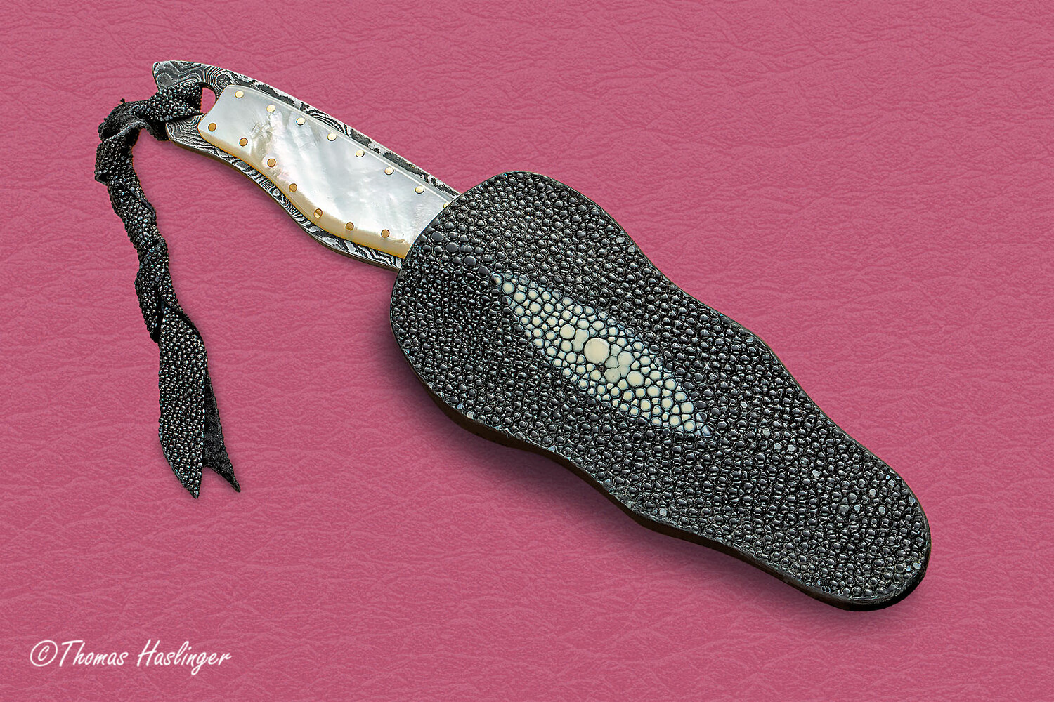 Mother of Pearl and Damascus Dress Knife stingray sheathed