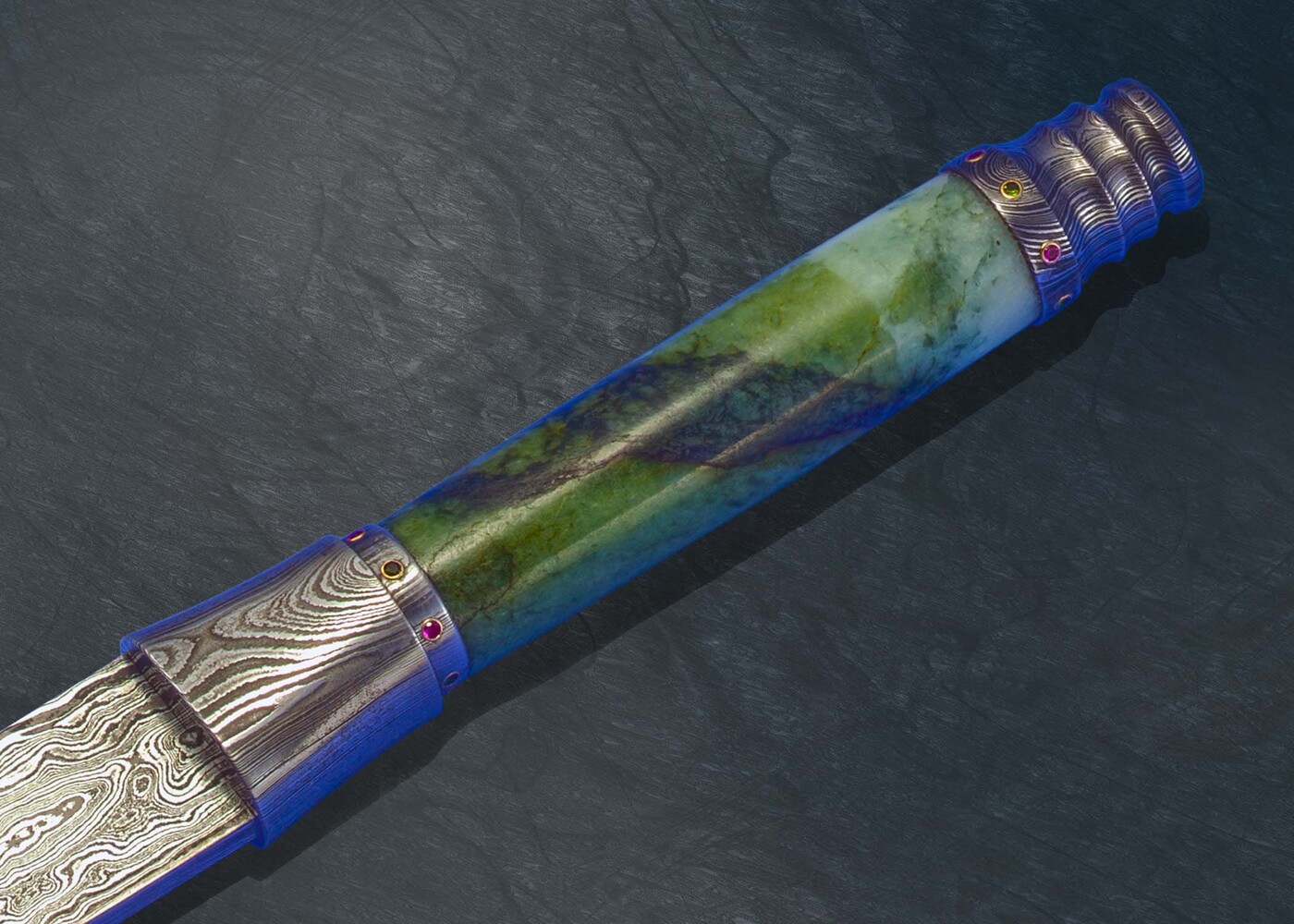 Myanmar Minthamee Damascus dagger with jade handle close up