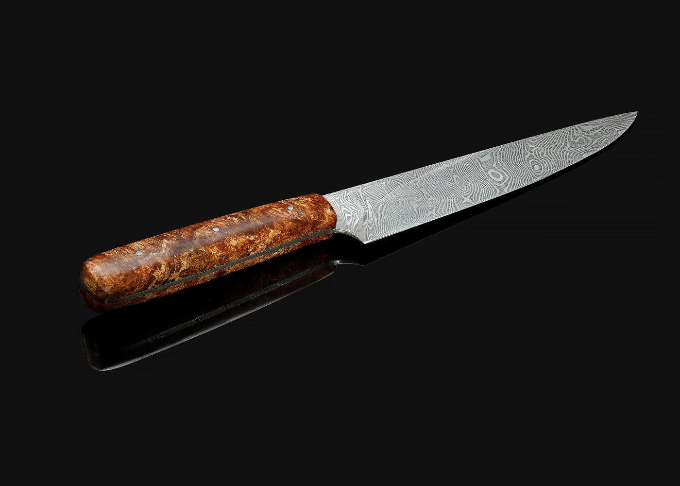 Damascus Petty 152mm with Highly Figured Maple Handle side view