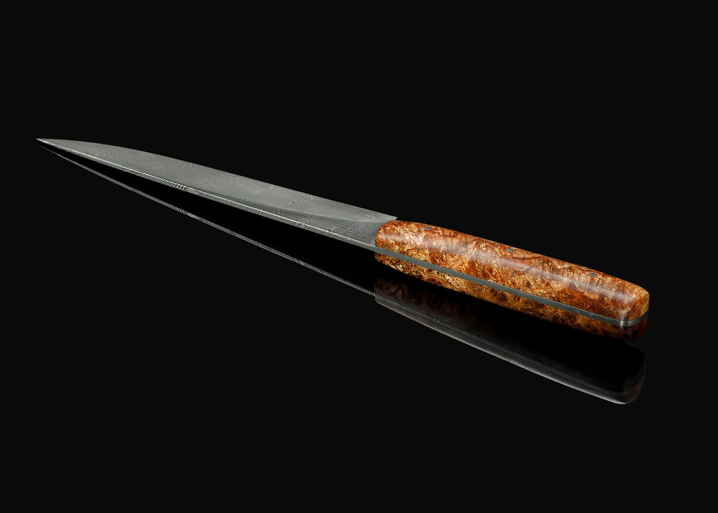 Damascus Petty 152mm with Highly Figured Maple Handle back view
