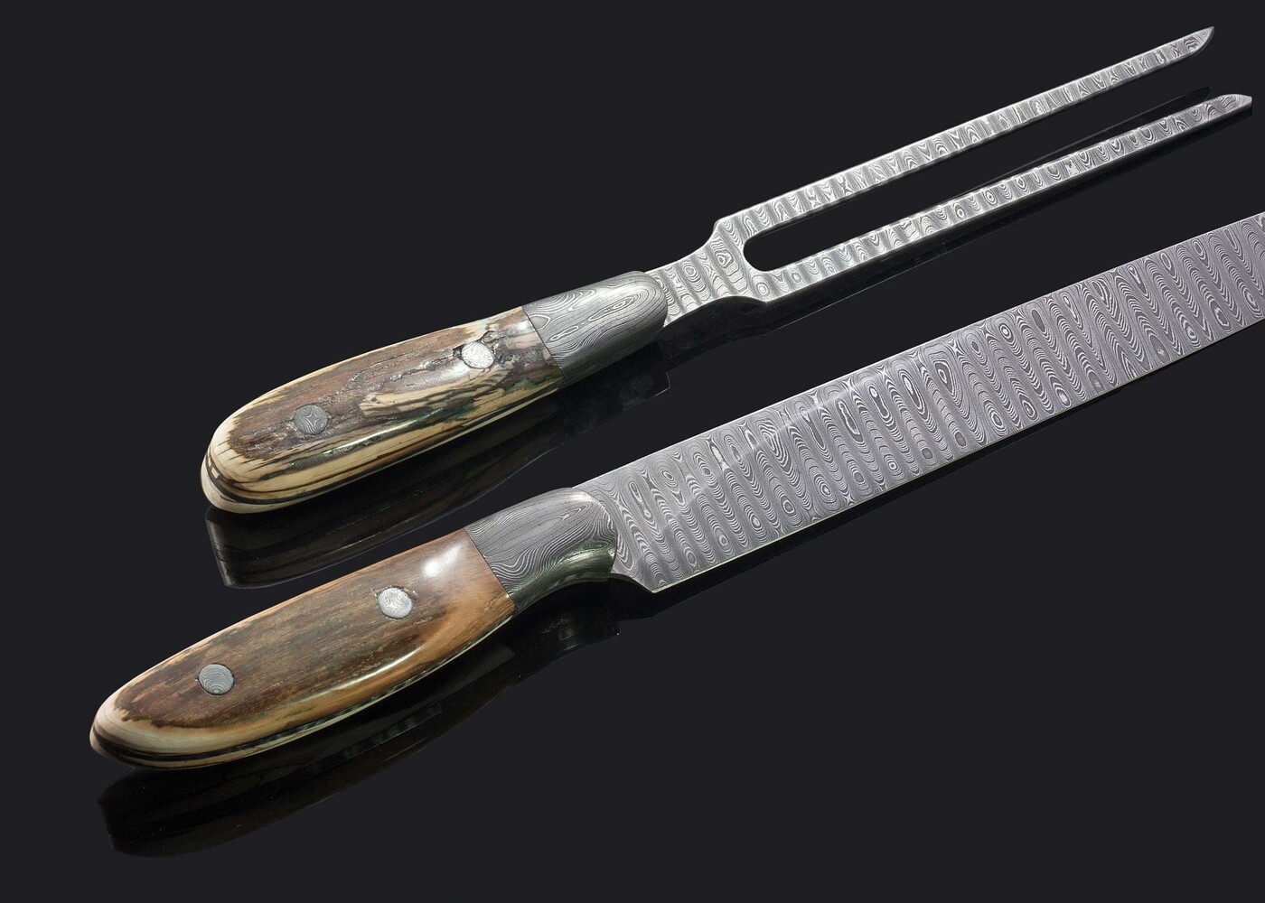 Stainless Damascus and Mammoth Ivory Carving Set handle view