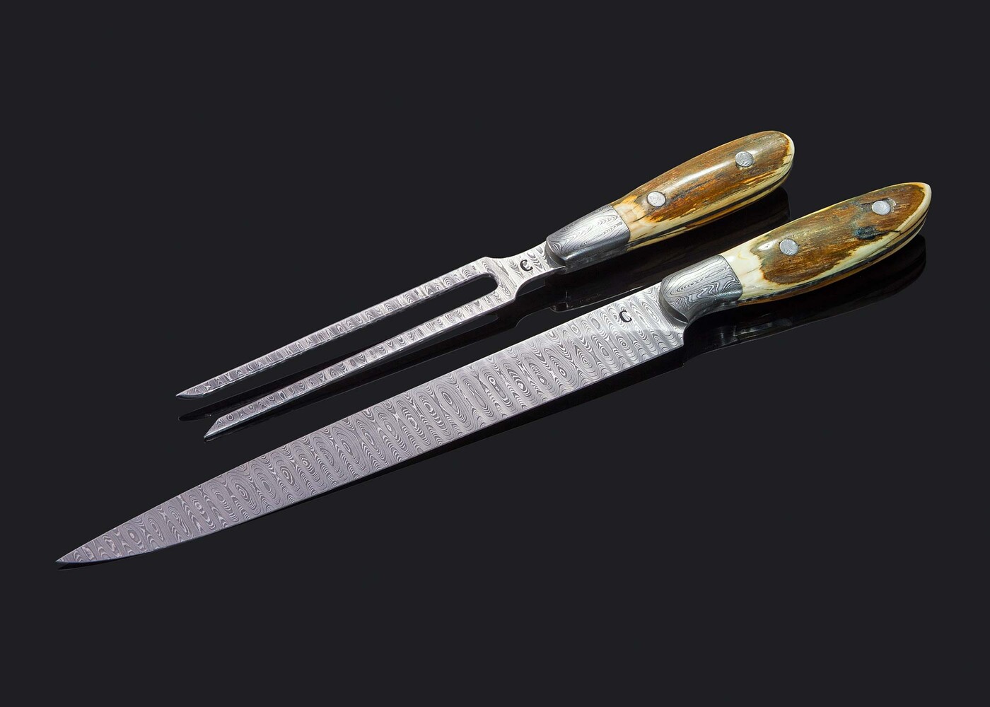 Stainless Damascus and Mammoth Ivory Carving Set