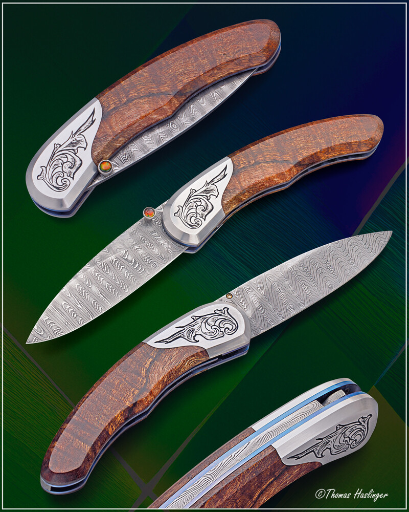 Engraved Stainess Ladder Damascus Spalted Koa Dress Folder multi view