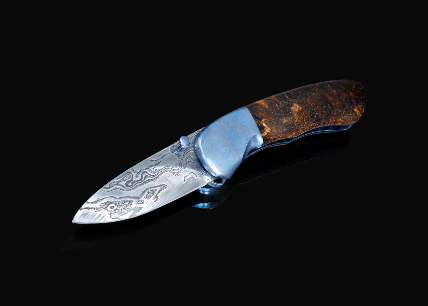 Textured titanium spalted maple and Damascus folder