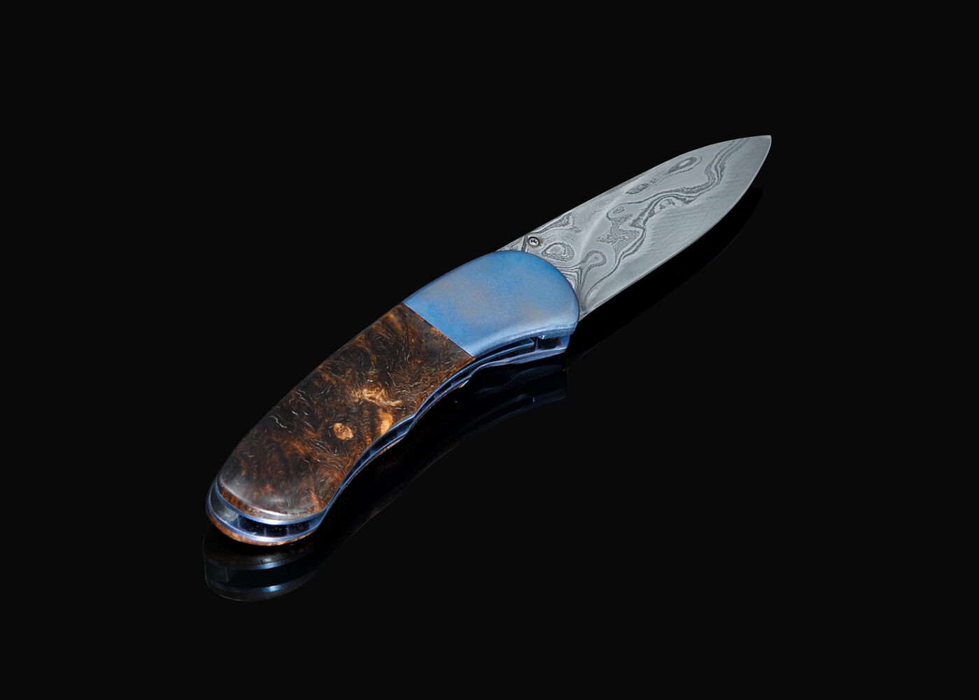 Textured titanium spalted maple and Damascus folder right view