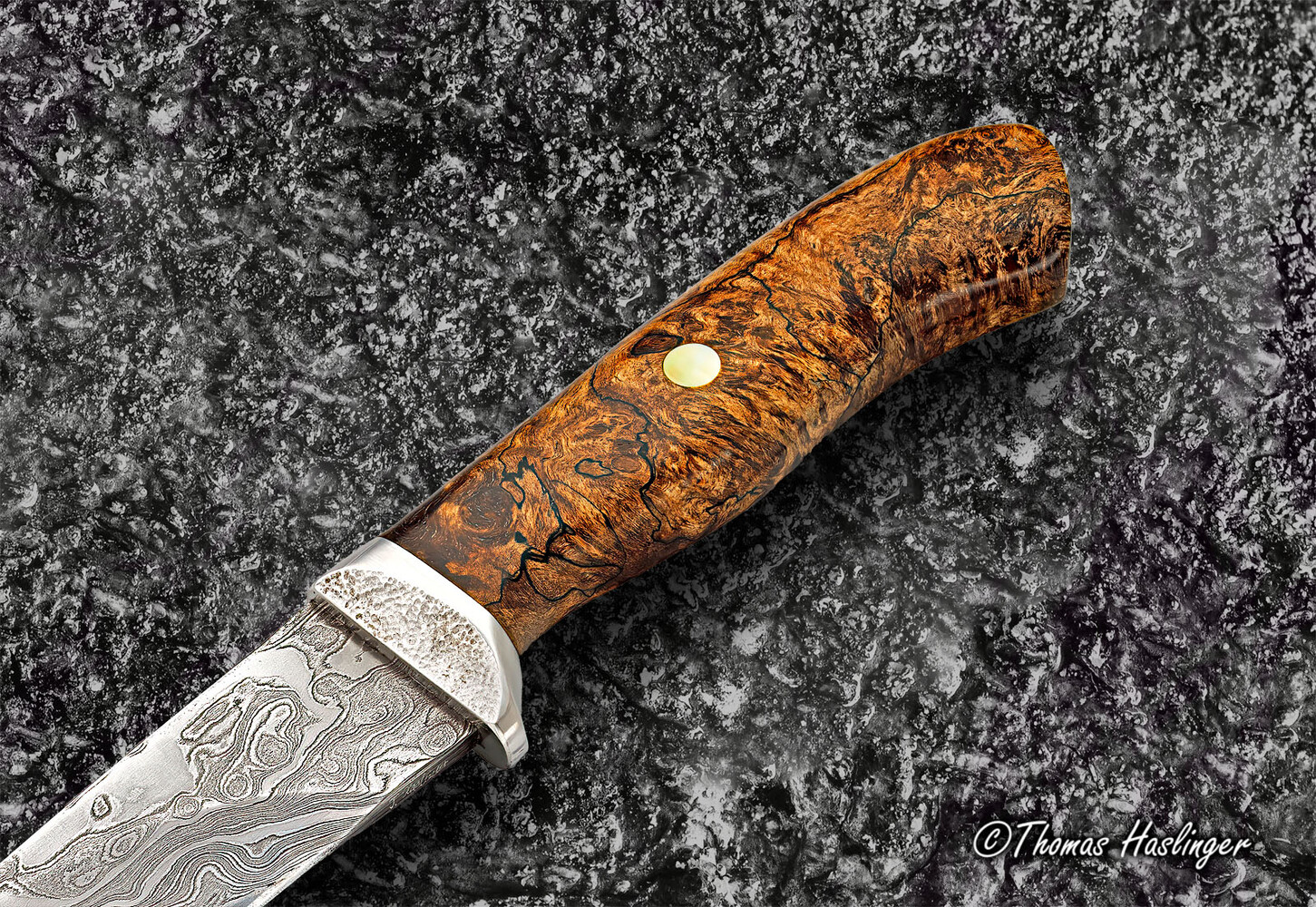 Begbie Damascus and Maple Burl Hunting Knife handle closeup