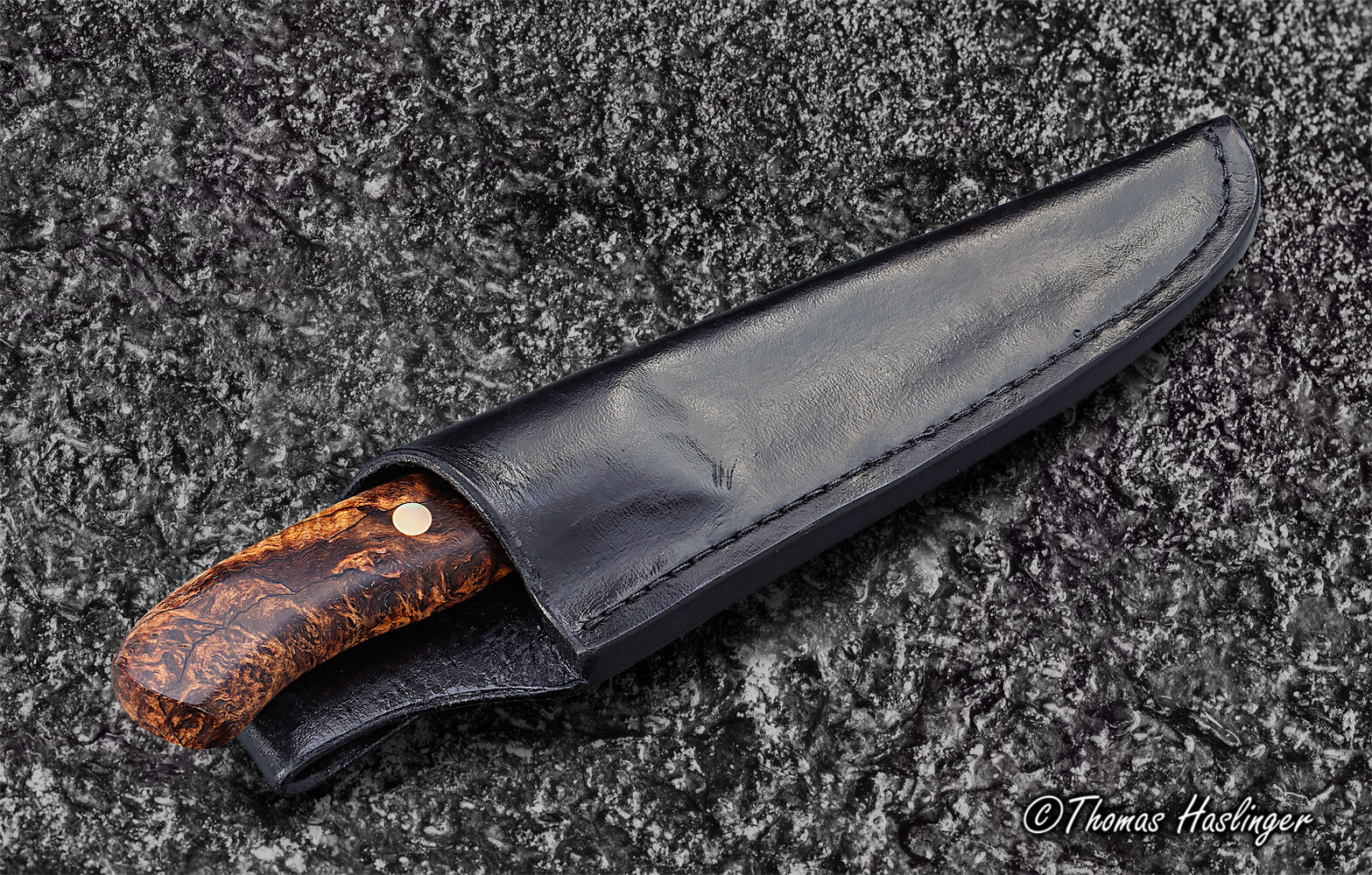 Begbie Damascus and Maple Burl Hunting Knife leather sheath