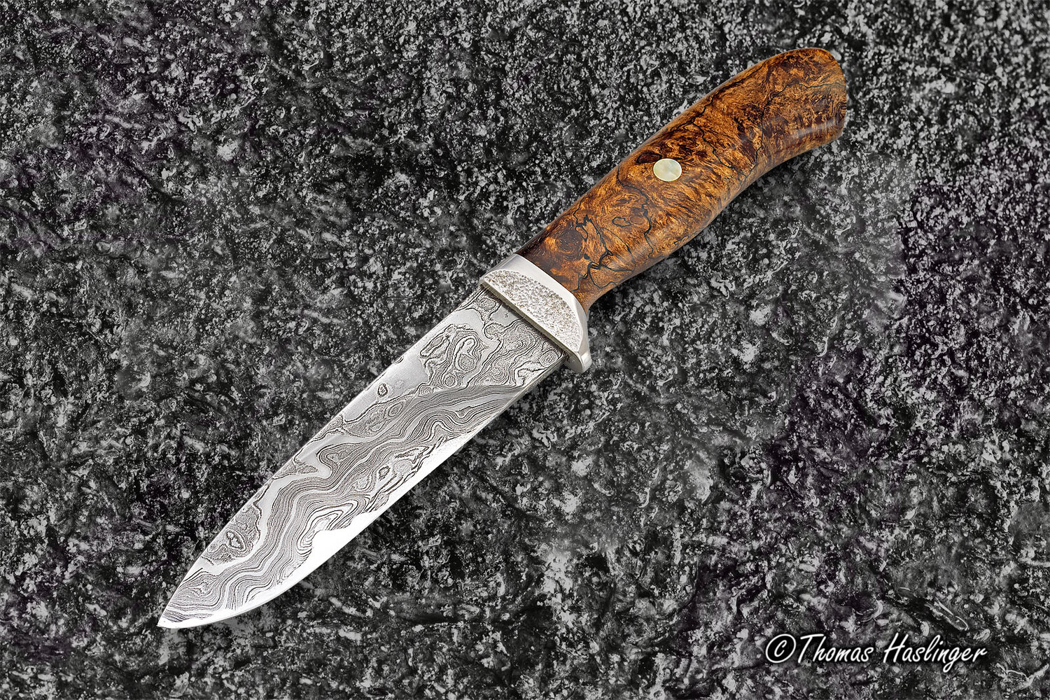 Begbie Damascus and Maple Burl Hunting Knife main view