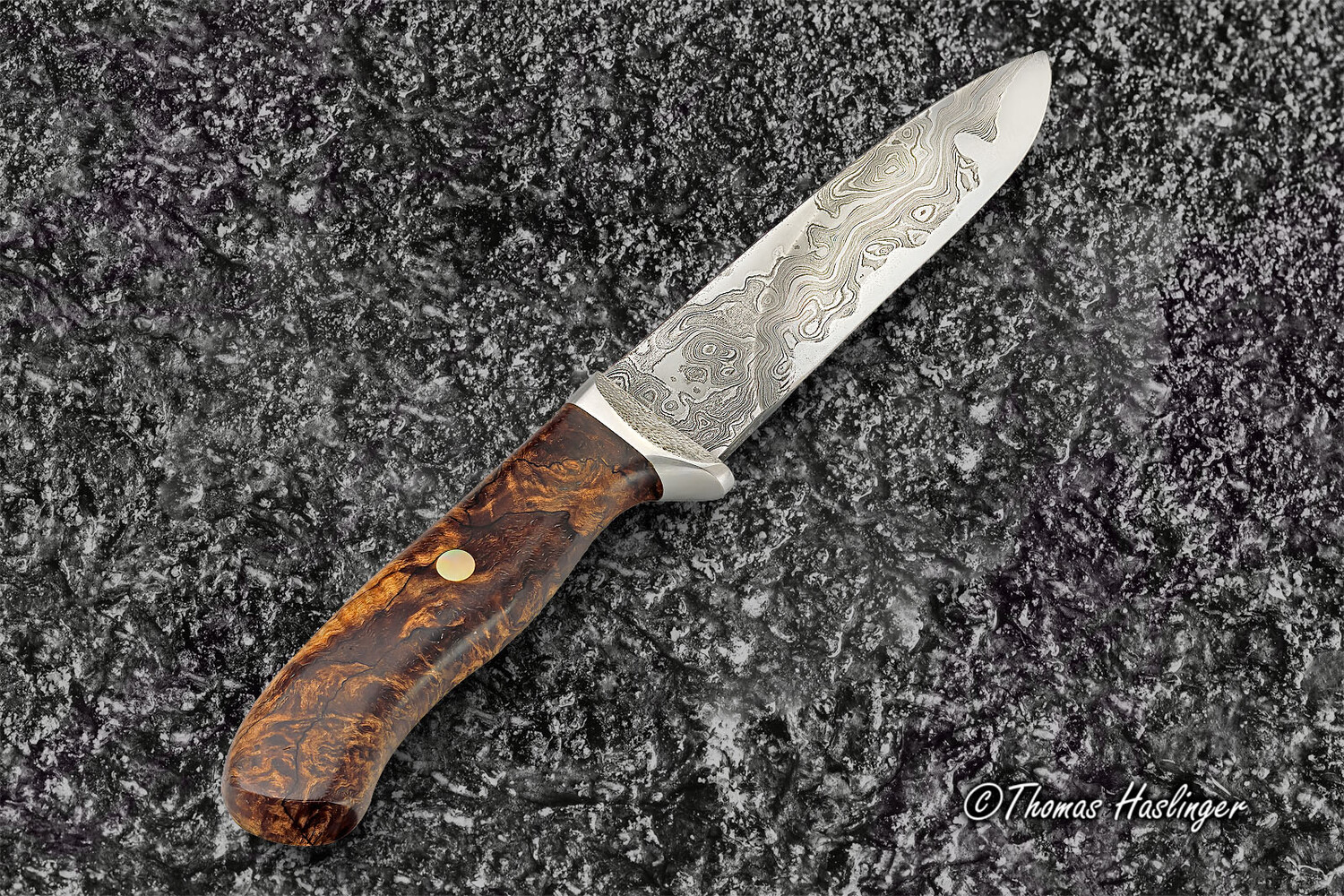 Begbie Damascus and Maple Burl Hunting Knife other view