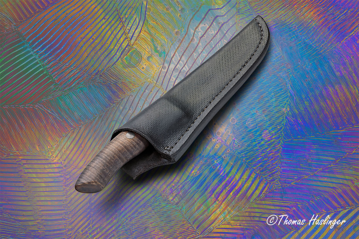 Hazelton Ladder Damascus Hunter handled in Fiddleback Maple with leather sheath