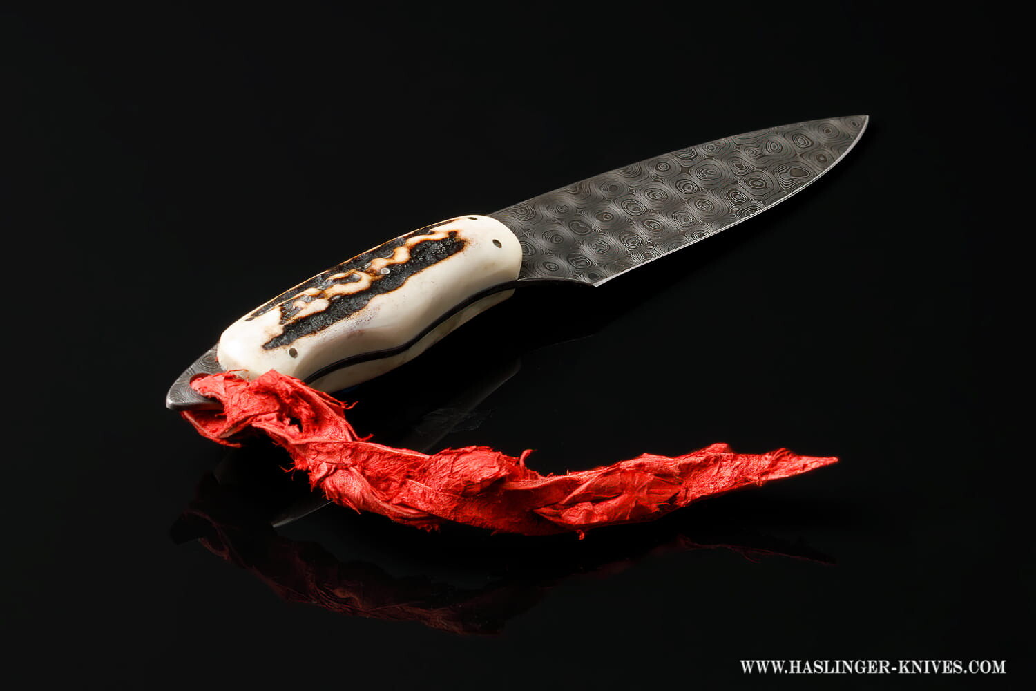 Raindrop Damascus Stag Handled Bird and Trout Knife right view