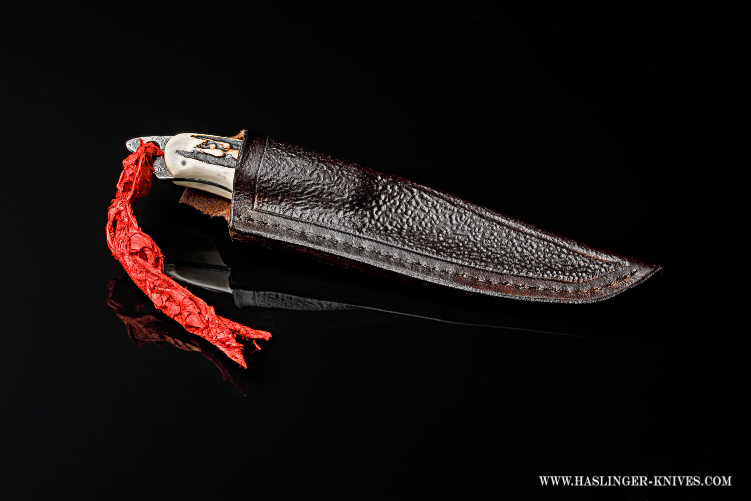 Raindrop Damascus Stag Handled Bird and Trout Knife with textured leather sheath