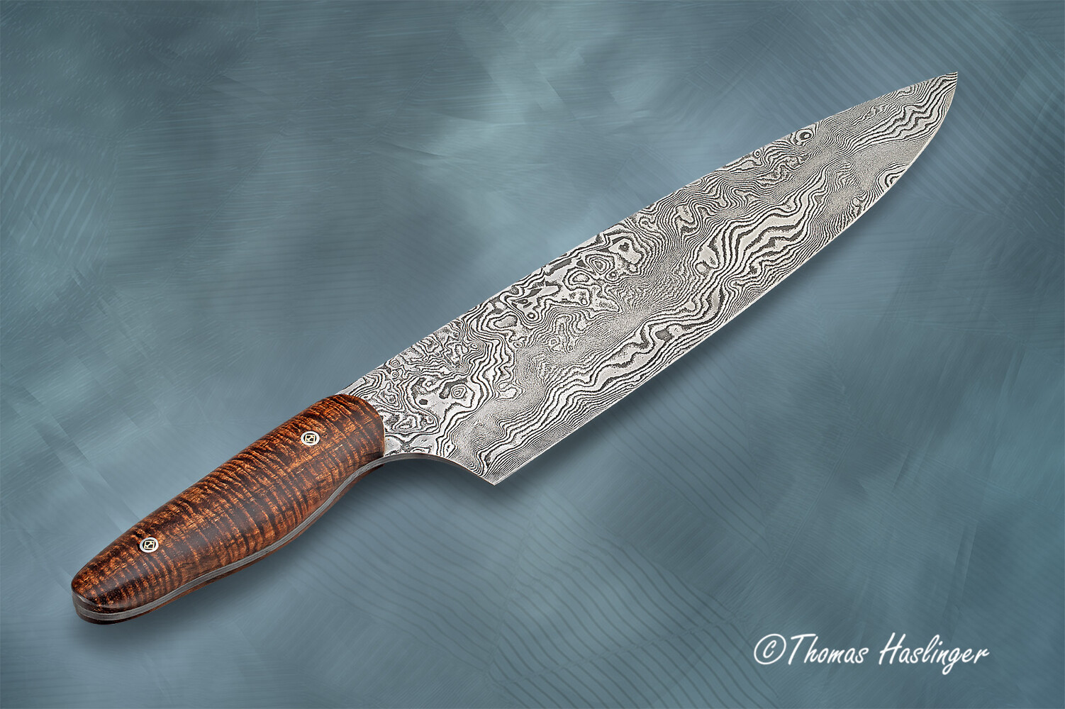10" Damascus Chef knife with curly koa handle alternative view
