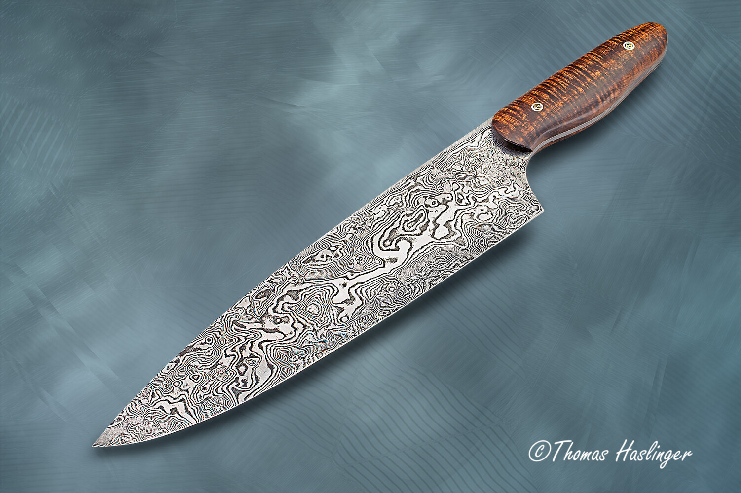 10" Damascus Chef knife with curly koa handle main view