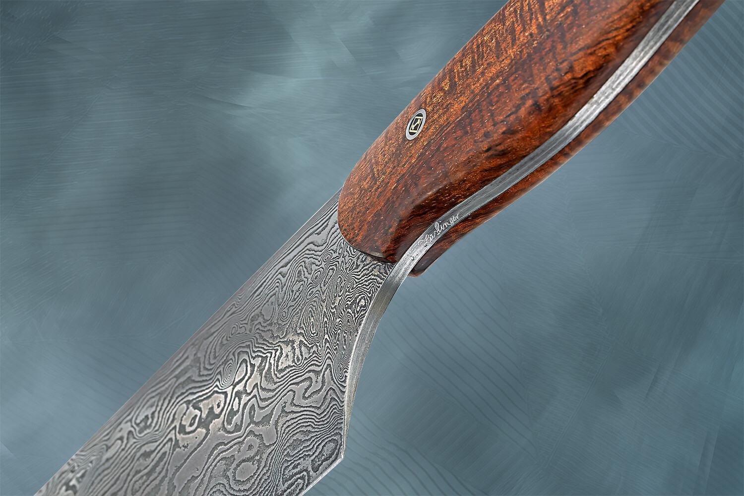 Damascus Chef knife with curly koa handle signature view