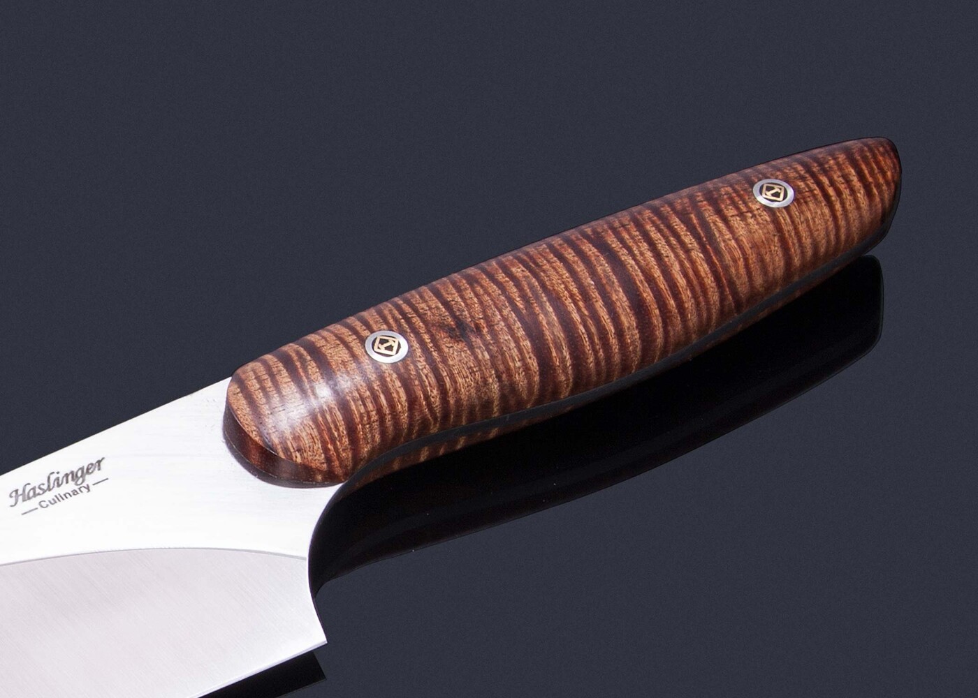 New Generation Chef Knife with Curly Koa Handle 200mm close up view