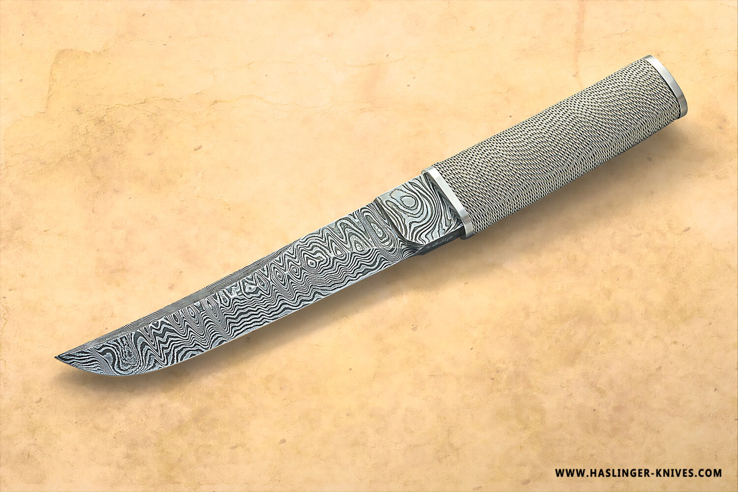 Damascus Moroha Tanto with stainless wirewrap handle