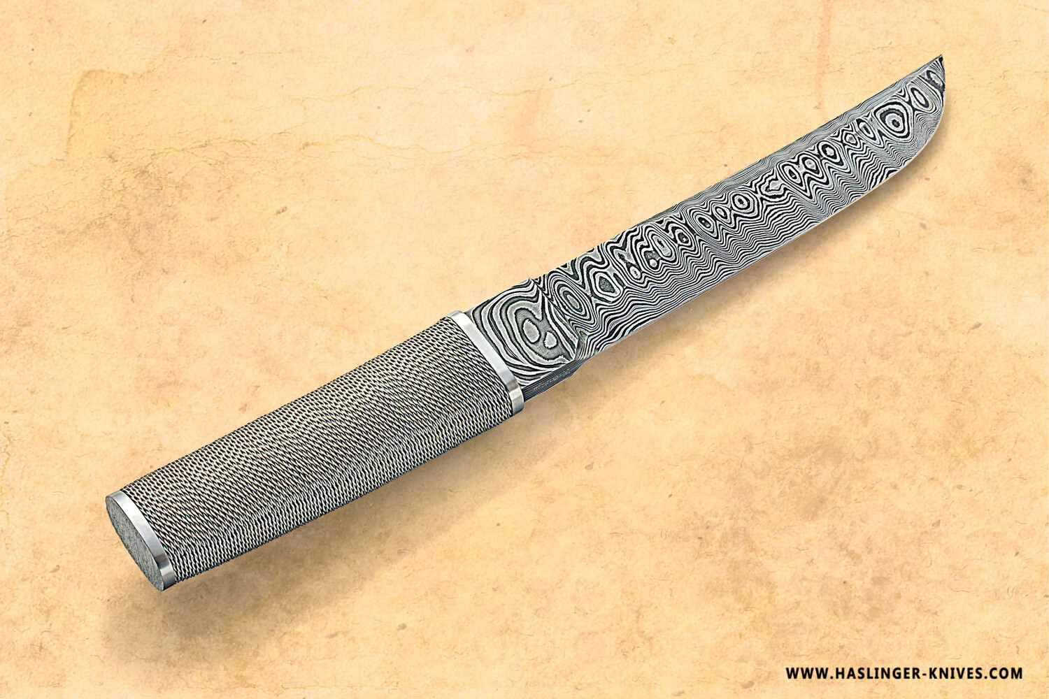 Damascus Moroha Tanto with stainless wirewrap handle other view