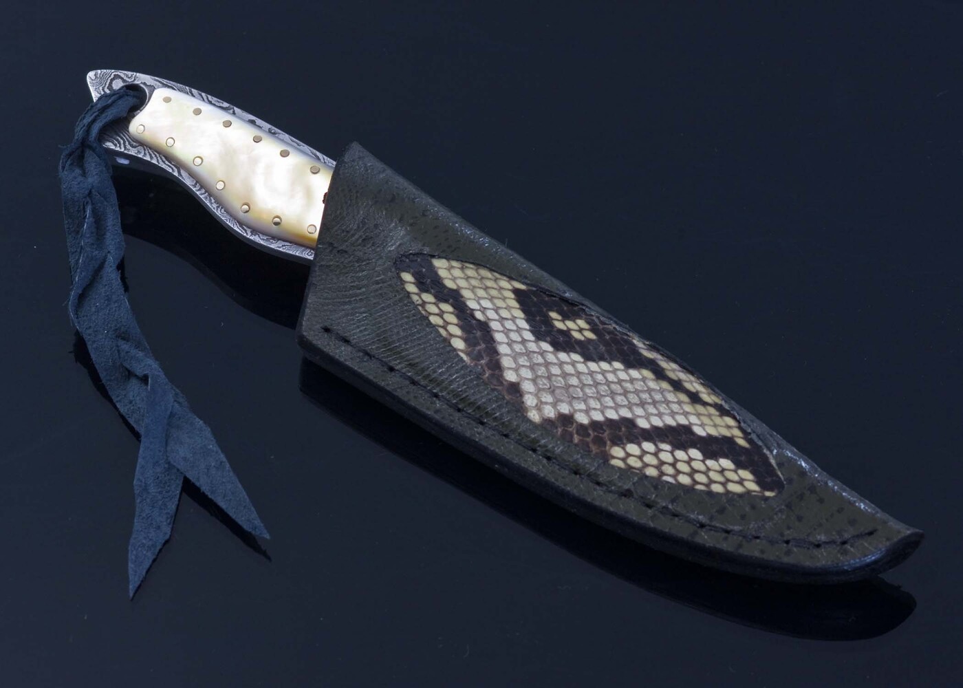 Gold Lip Pearl and Damascus Dress Knife in phyton overlay sheath