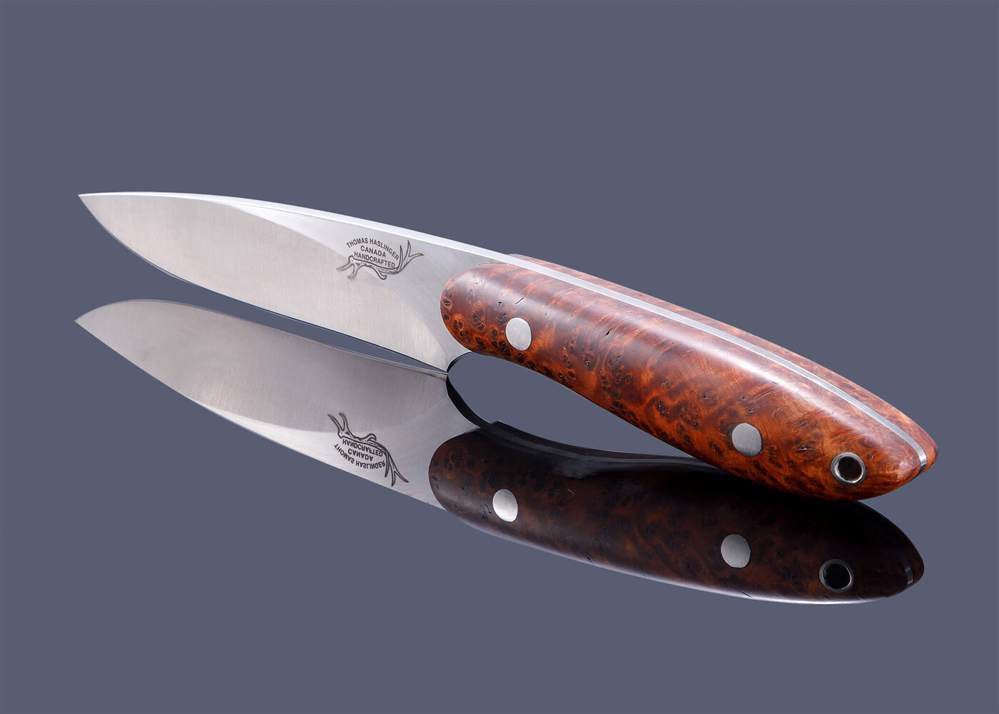 Powder Face a Juniper Burl Handled Utility Knife profile view